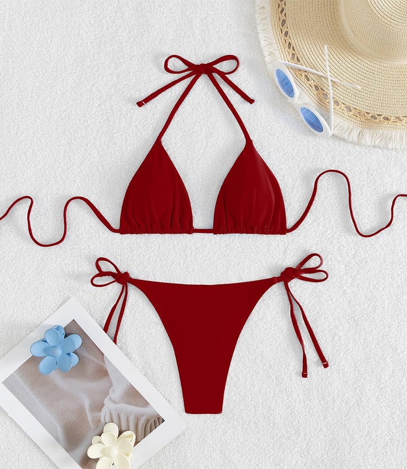 Tainehs Women's Sexy Halter Thong Bikini Tie Two Sides Bottom Triangle Bikini Swimsuits Wine Red - Image 5